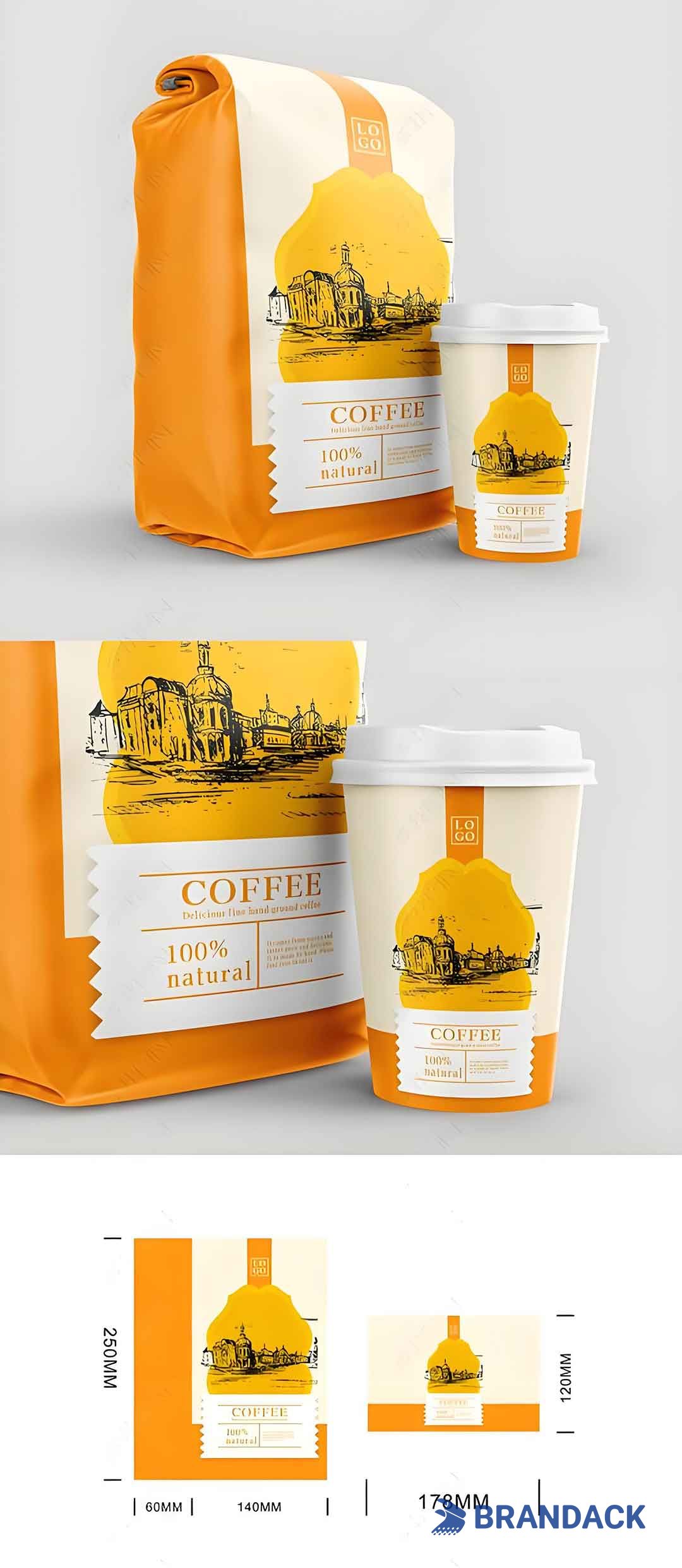 Custom Branded Packs of Coffee, Luxury Coffee Yellow Packaging Bags, Packaging Materials for Coffee